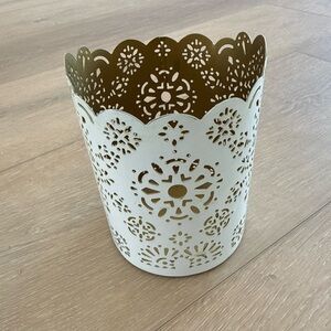 Candle, Make Up Brush Holder White/Off White Metal Cutout Design Gold Interior